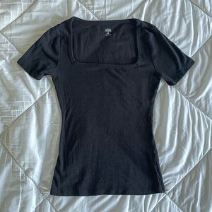 a.n.a Black Ribbed Women's Short Sleeve Top